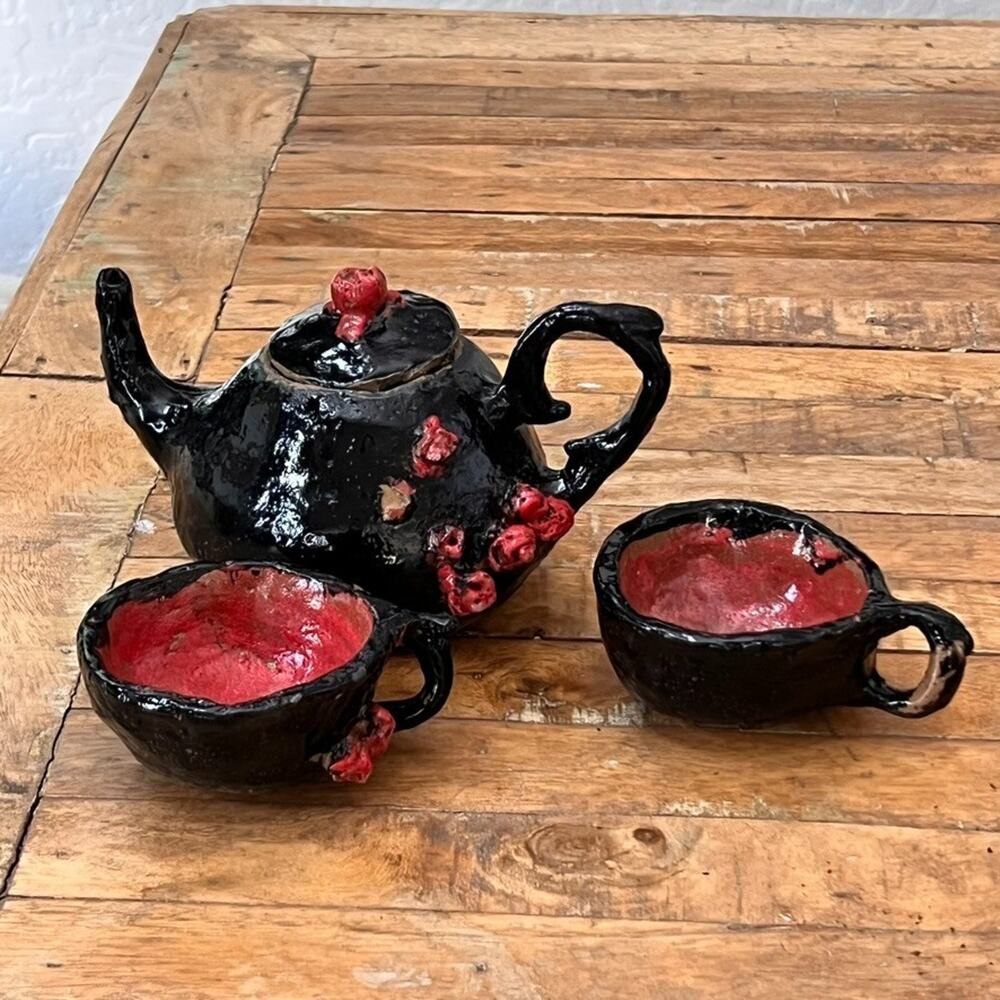 Brutalist Art Pottery Tea Set Black Gloss Finish 3D Floral Applique Decor Read